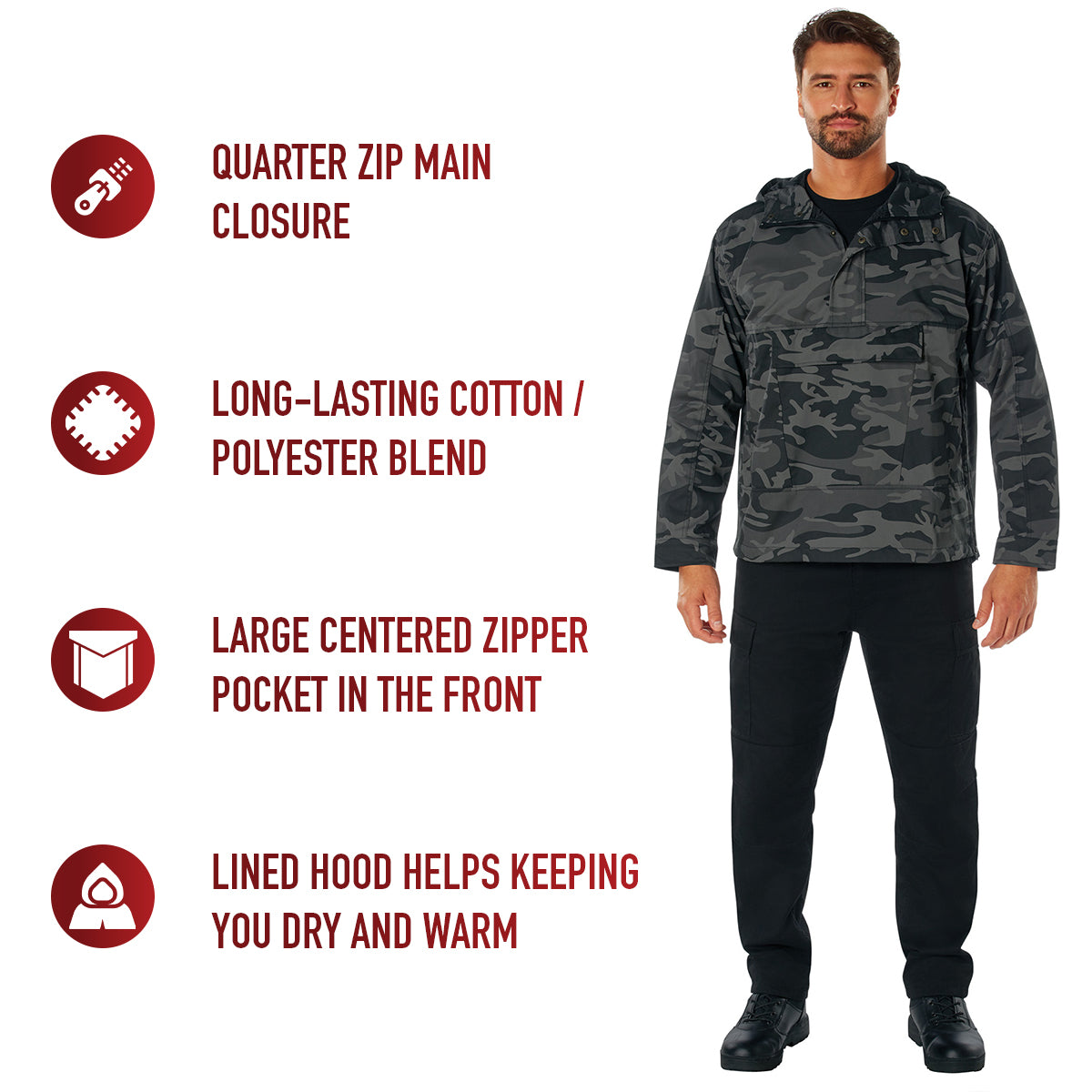 Men's Black Camo Quarter Zip Anorak Parka - Tactical Pullover Jacket With Hood
