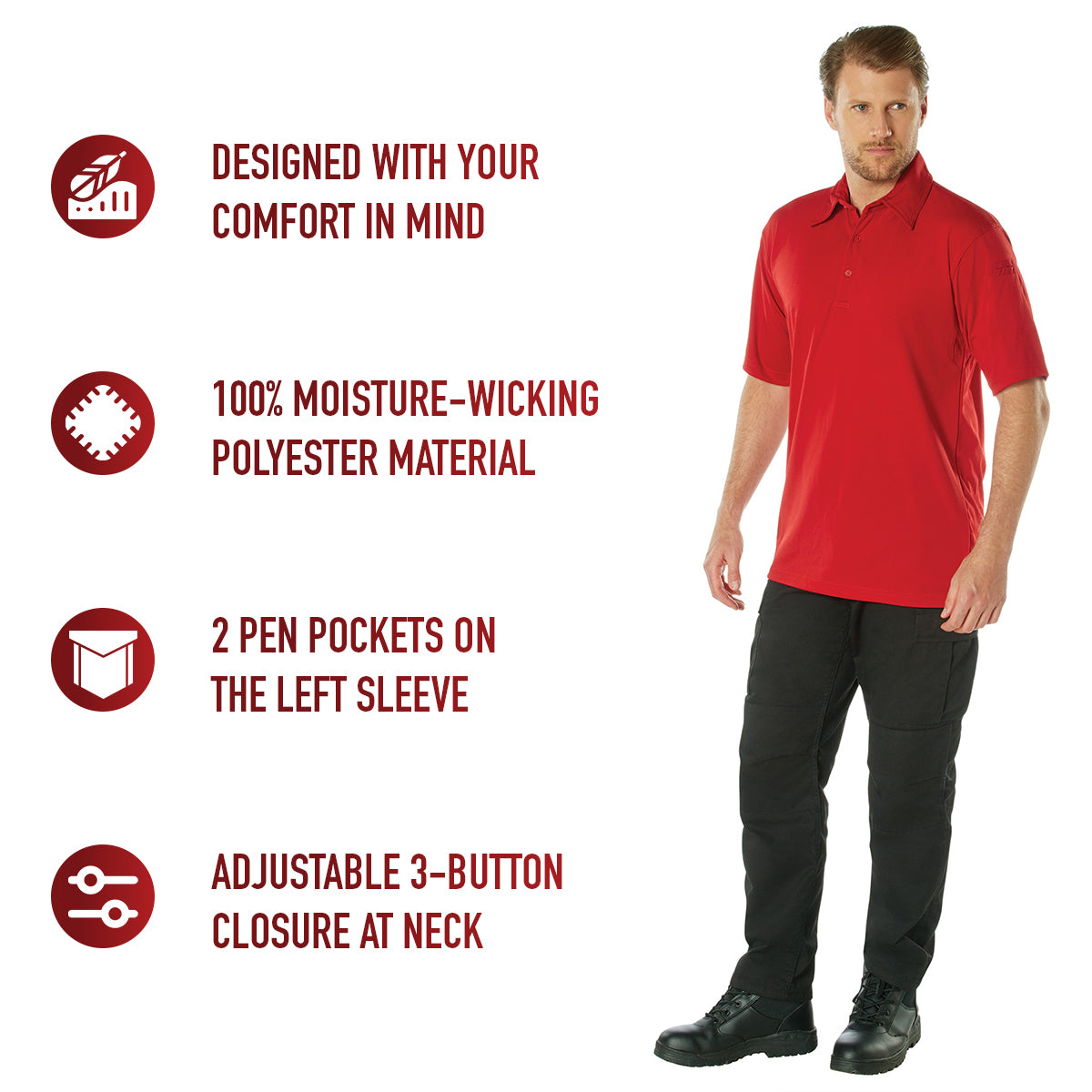 Men's Tactical Performance Polo Shirt In Grey or Red 3-Button Polyester Golf