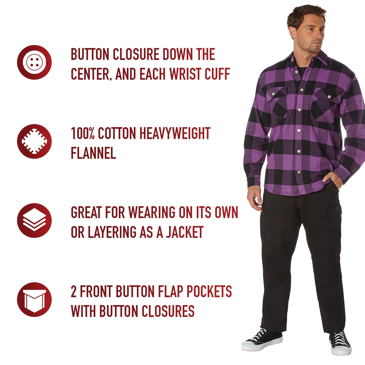 Rothco Extra Heavyweight Buffalo Plaid Purple Flannel Shirt - 100% Cotton