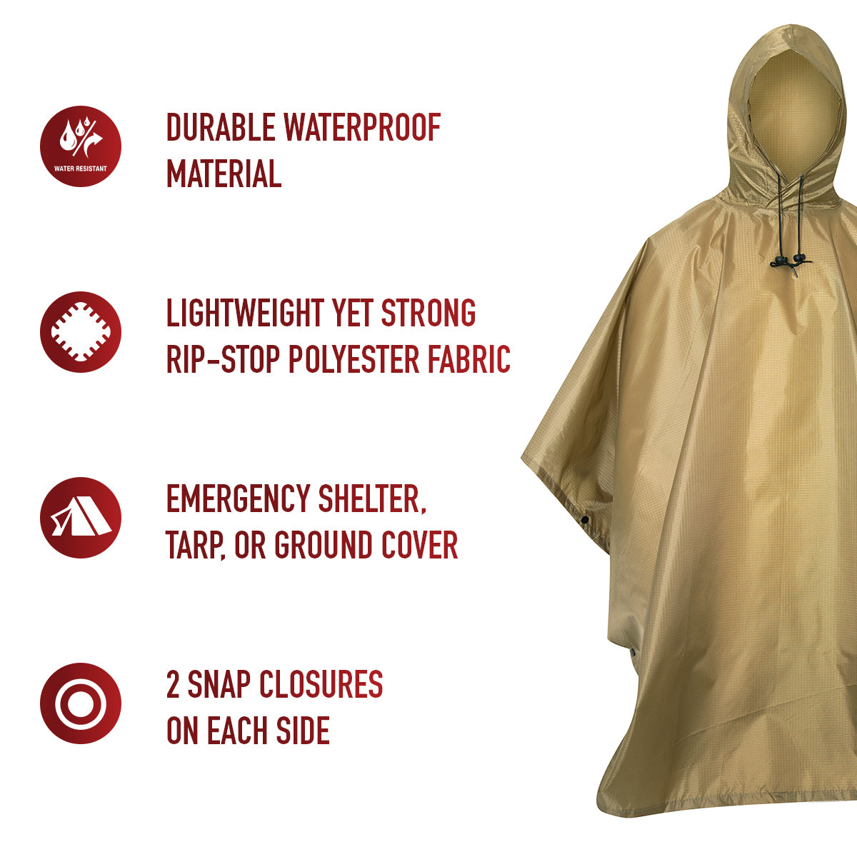 Coyote Brown G.I. Type Rip-Stop Pullover Rain Poncho With Hood