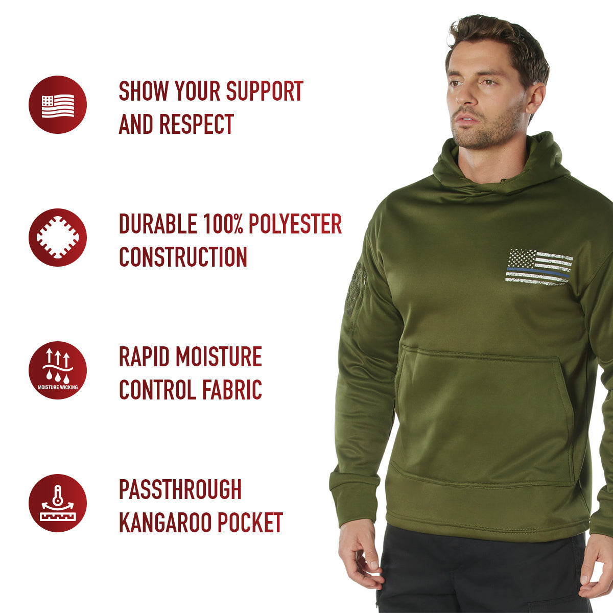 Olive Drab USA Flag Thin Blue Line Concealed Carry Hoodie Sweatshirt