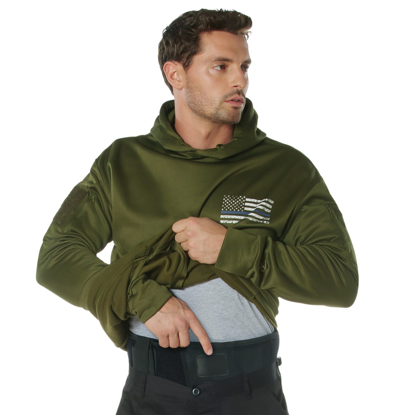 Olive Drab USA Flag Thin Blue Line Concealed Carry Hoodie Sweatshirt