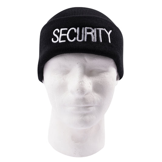 Black SECURITY Watch Cap Ski Hat - White Embroidered Winter Hat 100% Acrylic