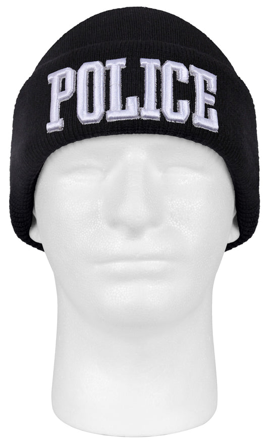 Black POLICE Watch Cap Ski Hat - Deluxe 3D Raised White Embroidered Winter Hat
