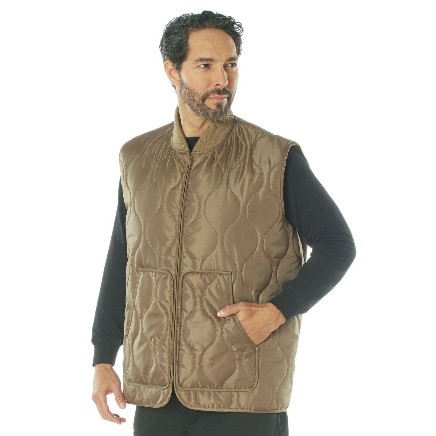 Men's Coyote Brown Quilted Woobie Vest - Full Zip-Up Vest With Ribbed Collar