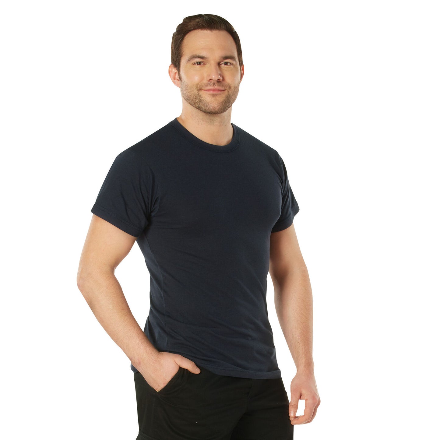 Navy Blue Standard Fit Men's T-Shirt Crew Neck Solid Color Poly Cotton Tee