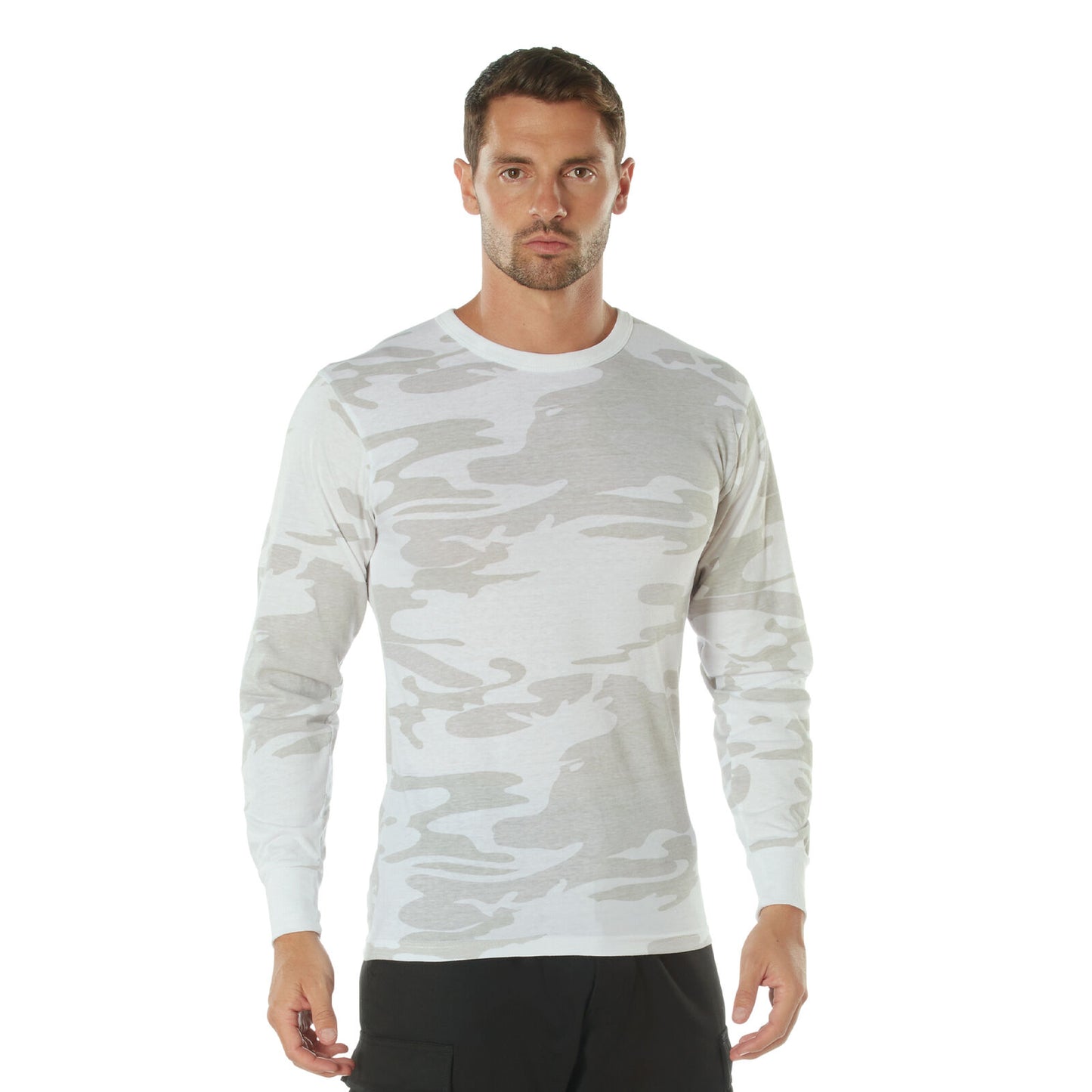 Men's White Camo Long Sleeve T-Shirt Soft Poly Cotton Blend Casual Tee