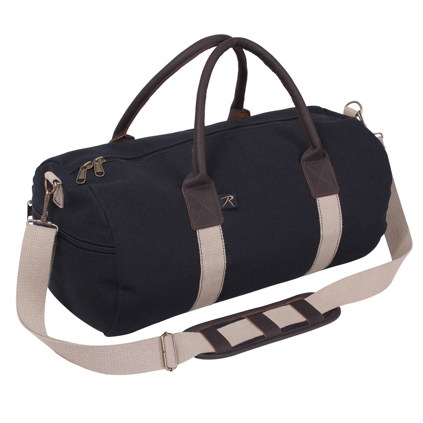 Canvas & Leather Gym Duffel Bag - Black With Tan Shoulder Strap & Brown Handles