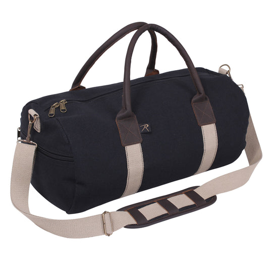 Canvas & Leather Gym Duffel Bag - Black With Tan Shoulder Strap & Brown Handles