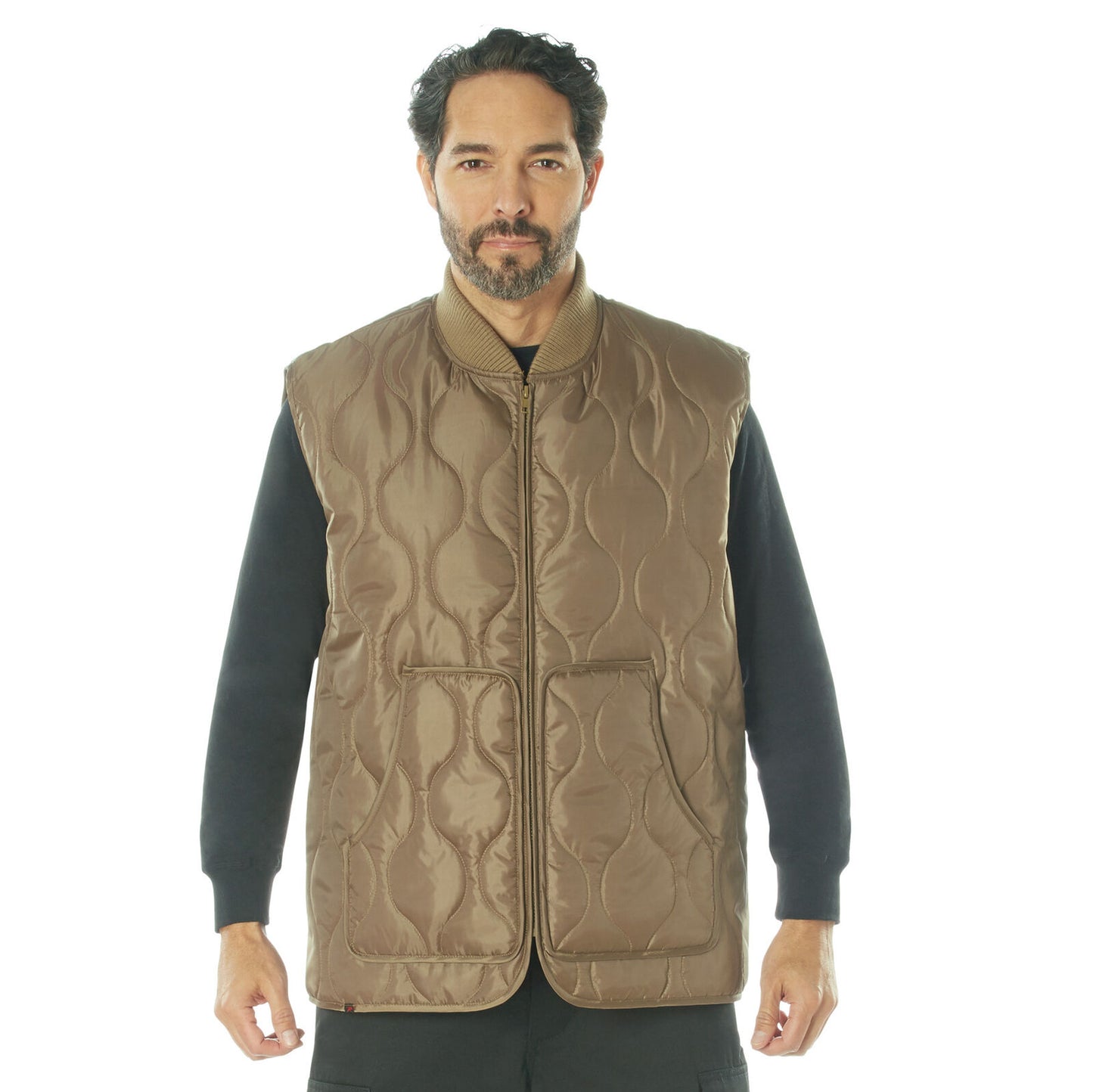 Men's Coyote Brown Quilted Woobie Vest - Full Zip-Up Vest With Ribbed Collar