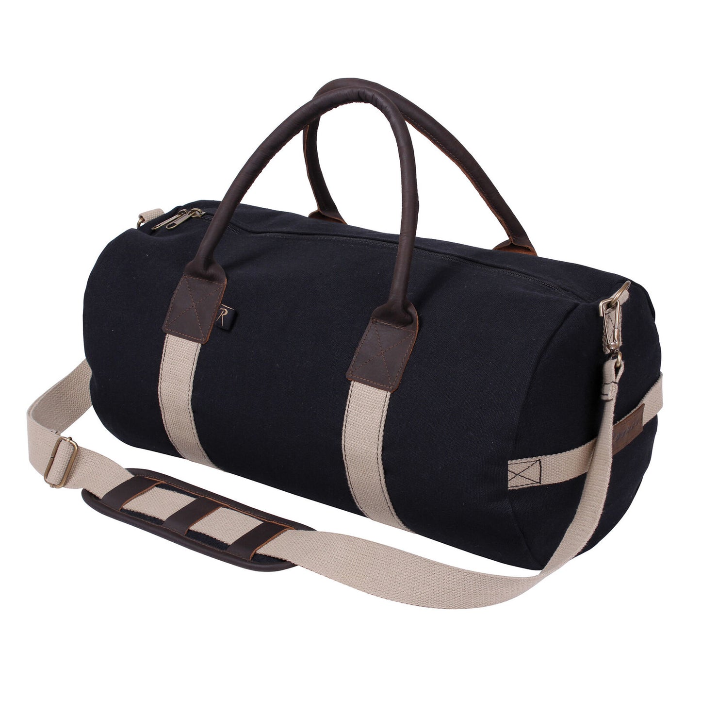 Canvas & Leather Gym Duffel Bag - Black With Tan Shoulder Strap & Brown Handles