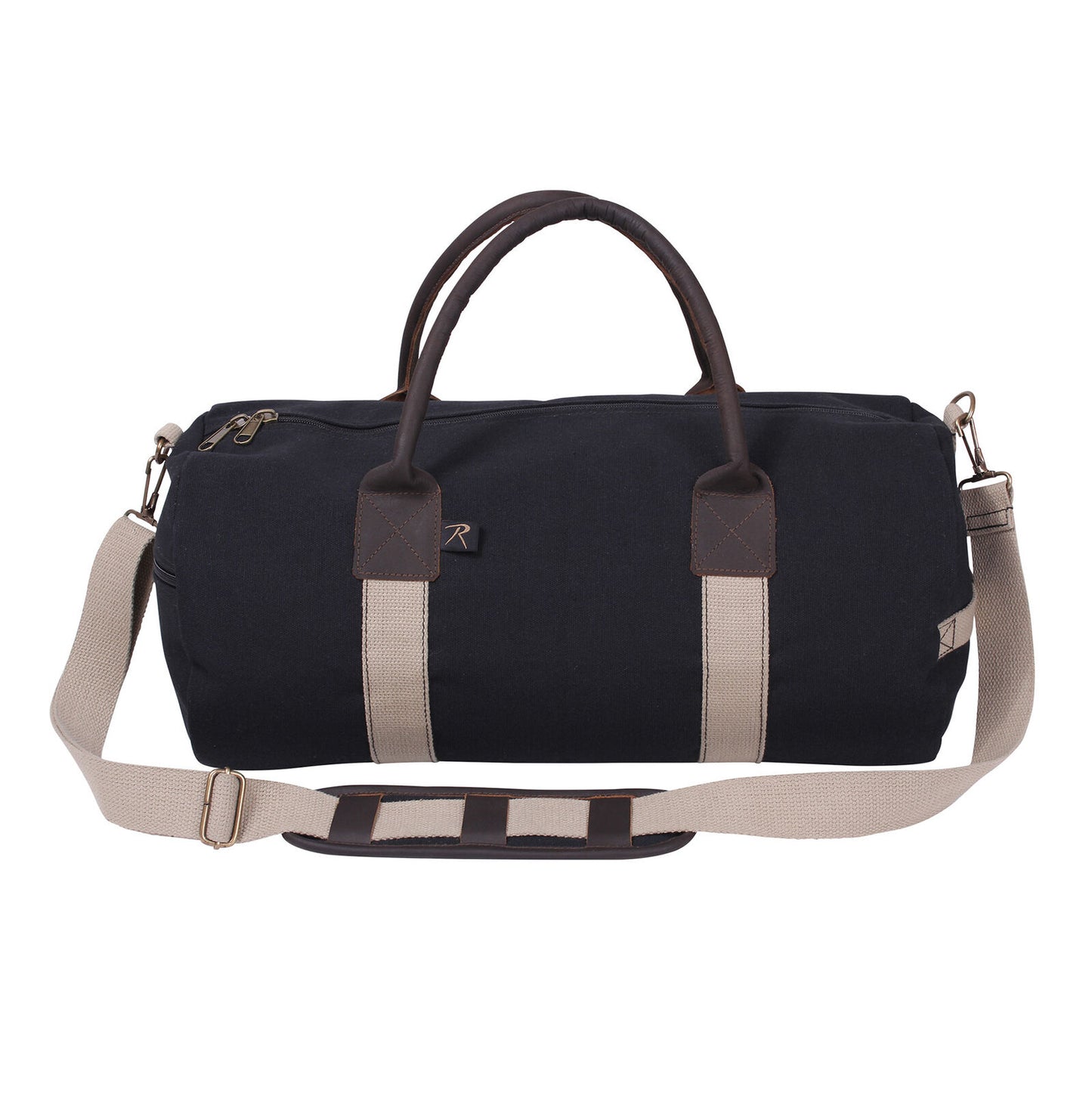 Canvas & Leather Gym Duffel Bag - Black With Tan Shoulder Strap & Brown Handles