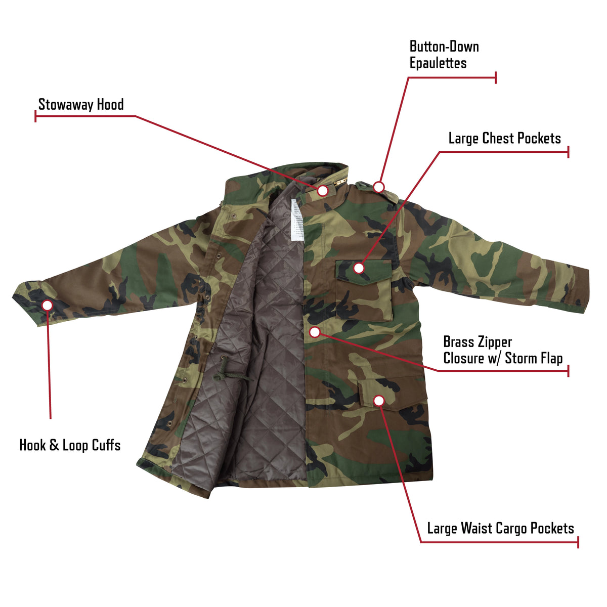 Woodland Camo Kid's M-65 Field Jacket With Built-In Liner Kids Camo Coats