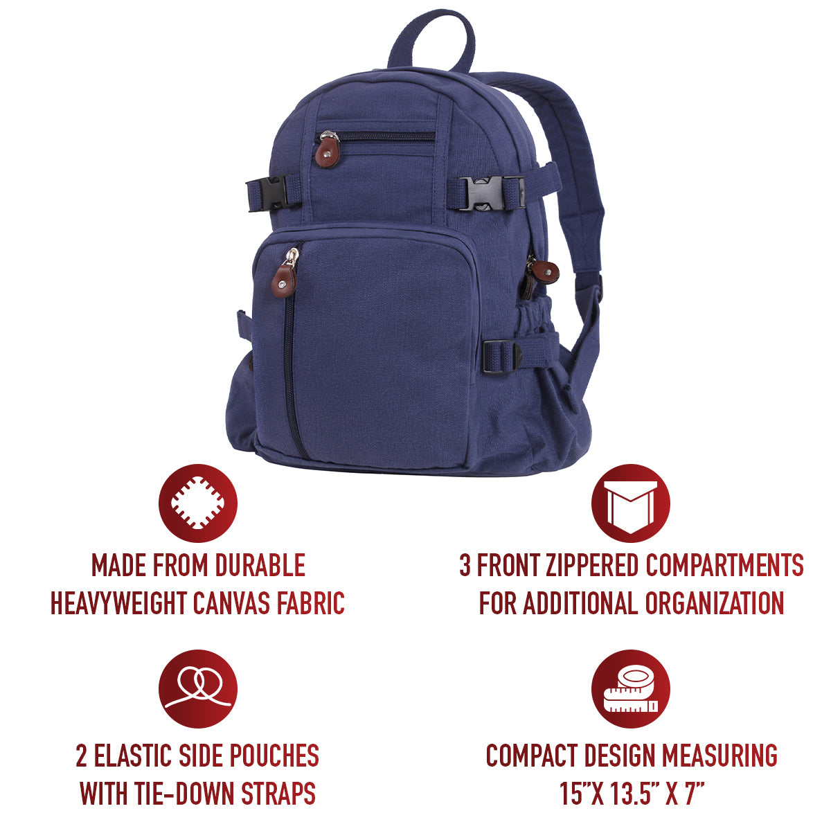 Rothco Vintage Canvas Compact Backpack - Navy Blue Canvas School Bag Book Bag