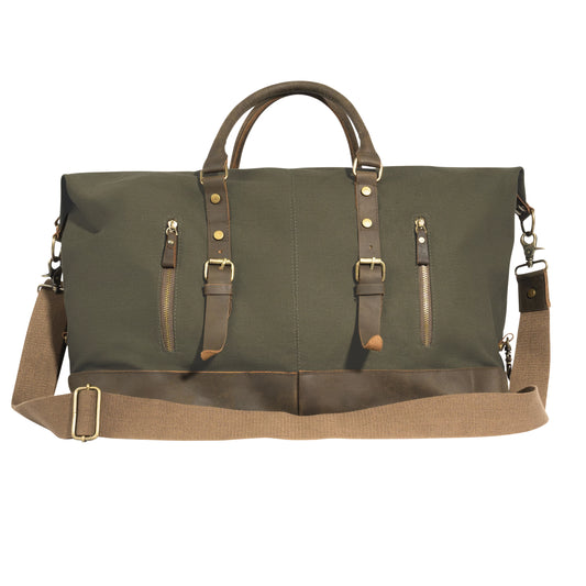 Rothco Extended Weekender Bag - O.D. Canvas Travel Bag w/ Brown Leather Accents