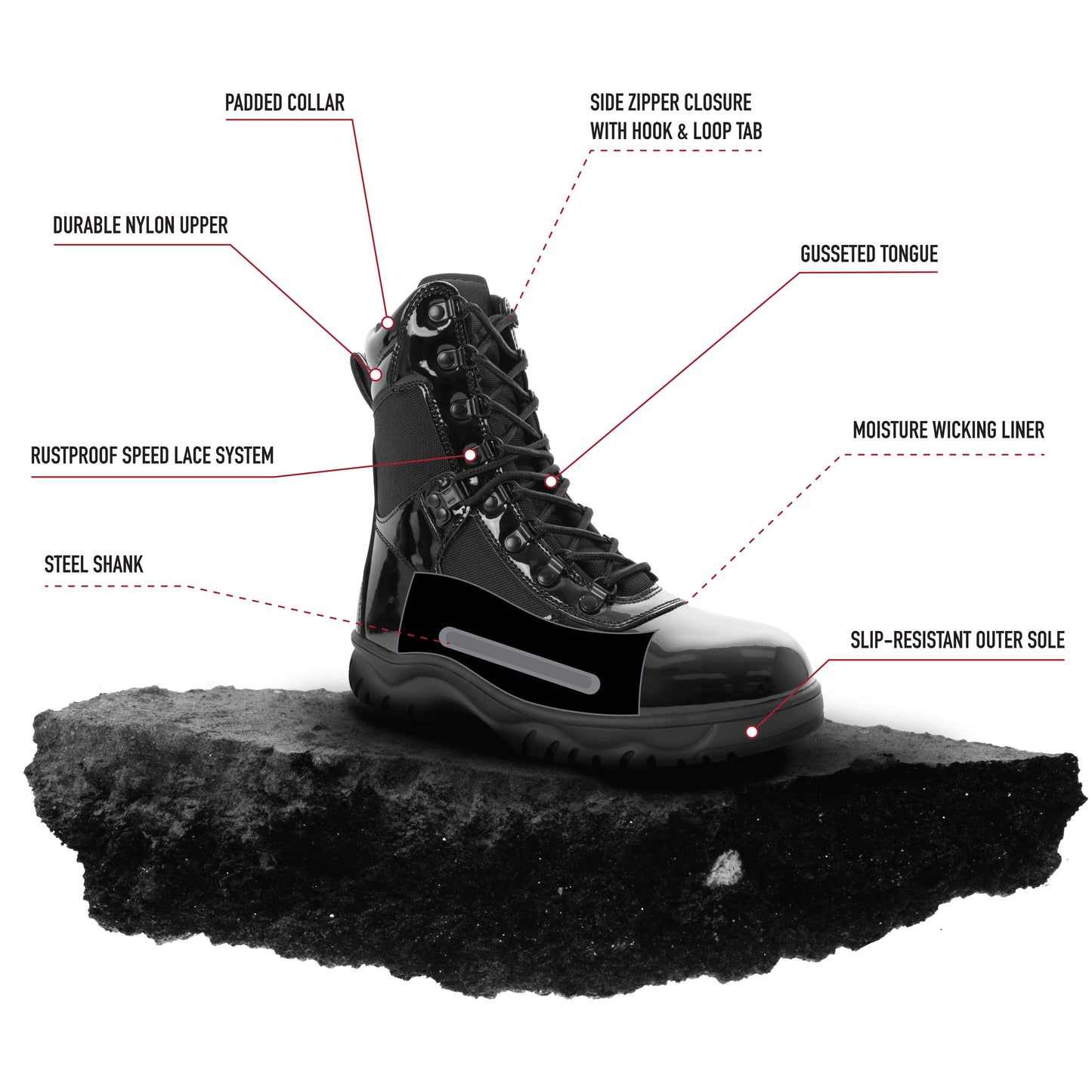 Forced Entry High-Gloss Tactical Boots with Side Zipper - 8 Inch Boot Height