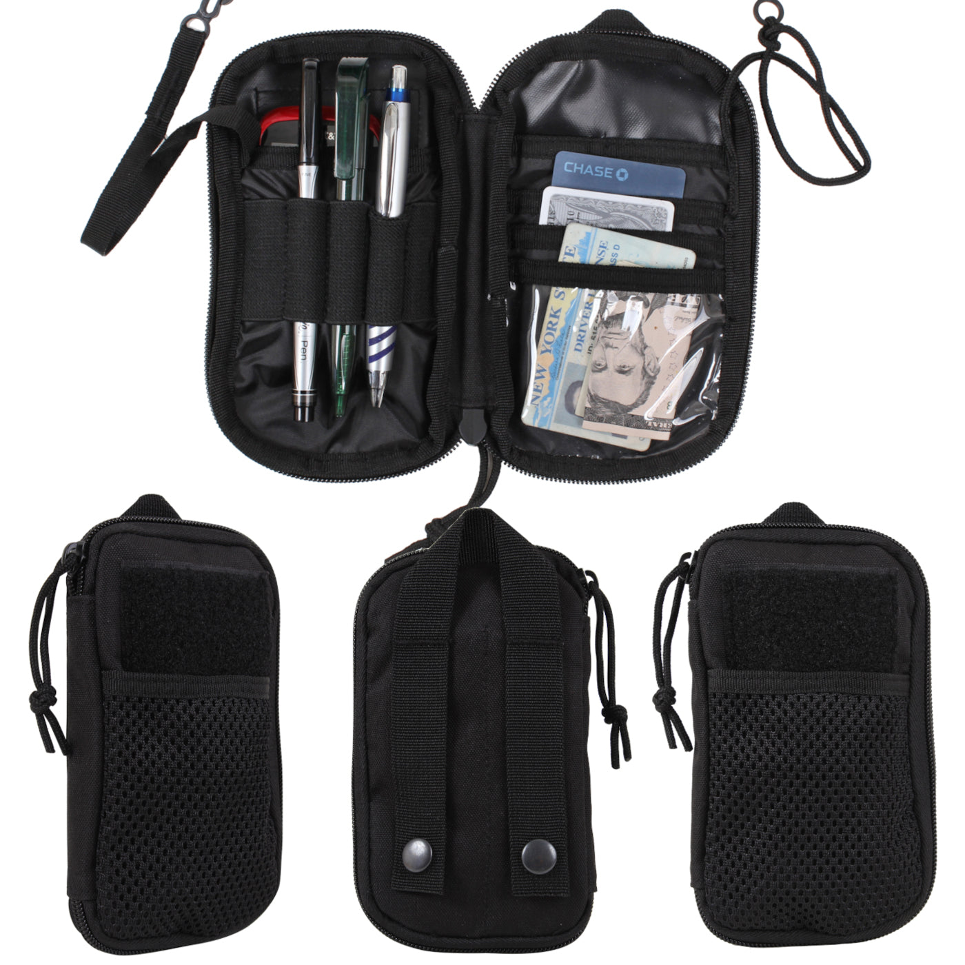 Tactical Wallet Black MOLLE Compatible ID Cash Money Holder w/ Pockets & Straps