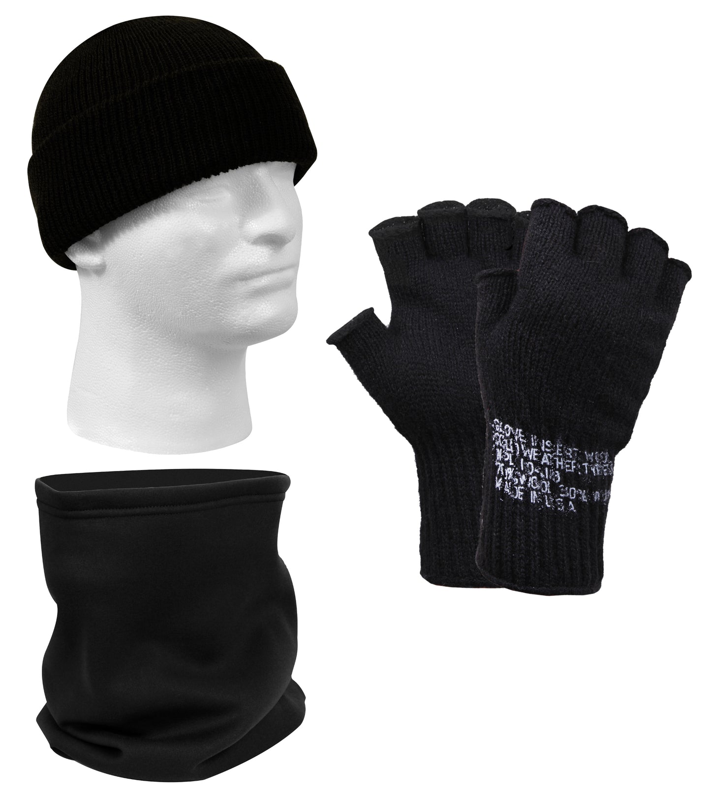 Black Winter Hat, Neck Warmer & Gloves 3 PACK Rothco Lot of 3 Cold Weather Pack