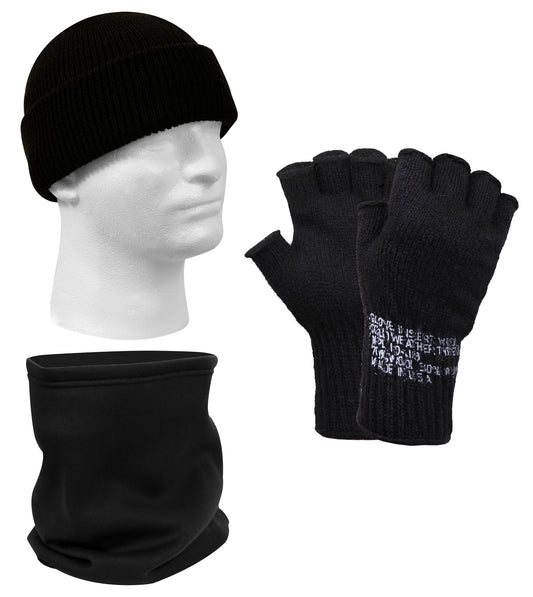 Black Winter Hat, Neck Warmer & Gloves 3 PACK Rothco Lot of 3 Cold Weather Pack
