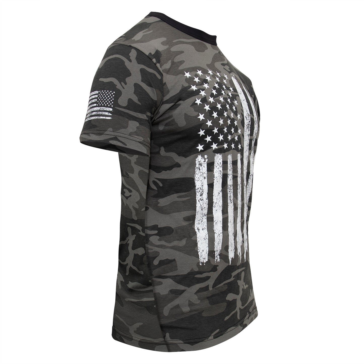 Rothco Men's Athletic Fit Black Camo T-Shirt W/ US Flag