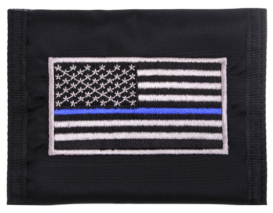Thin Blue Line Flag Wallet - Black Nylon Tri-Fold Wallet With TBL Embroidery