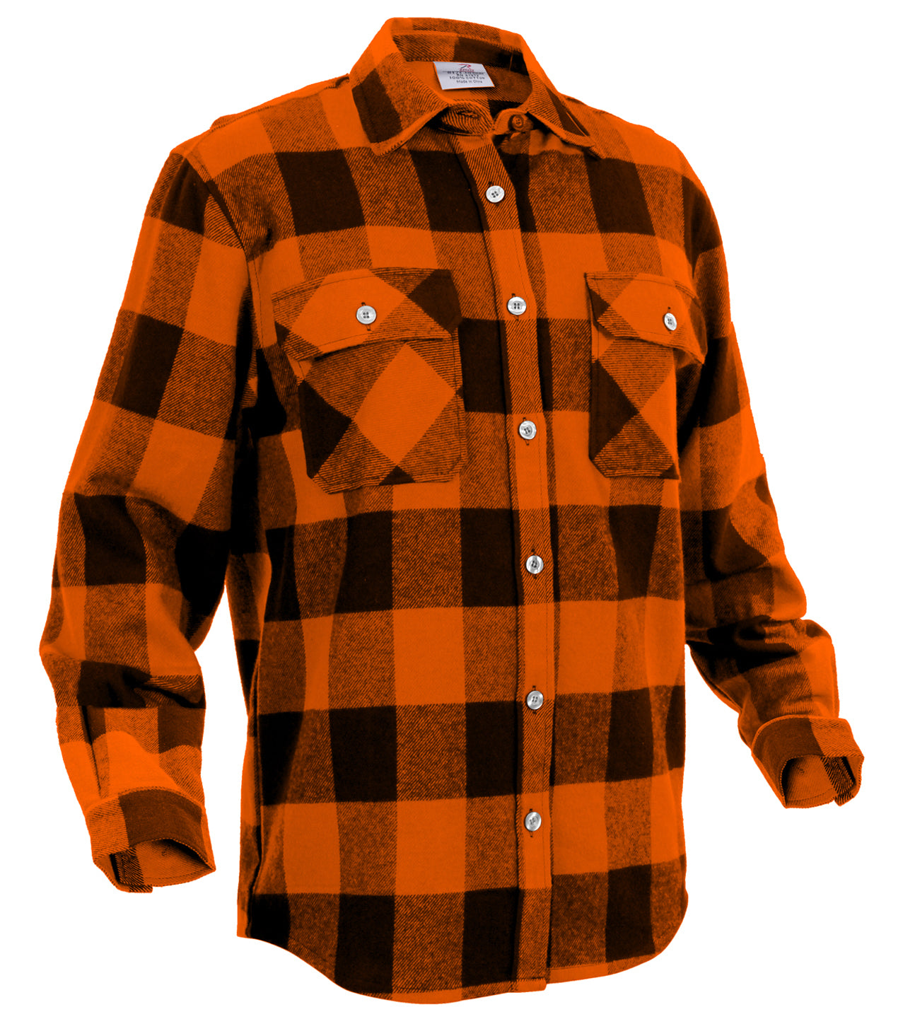 Mens Orange and Black Buffalo Plaid Flannel Shirt - Cotton Extra Heavyweight Top