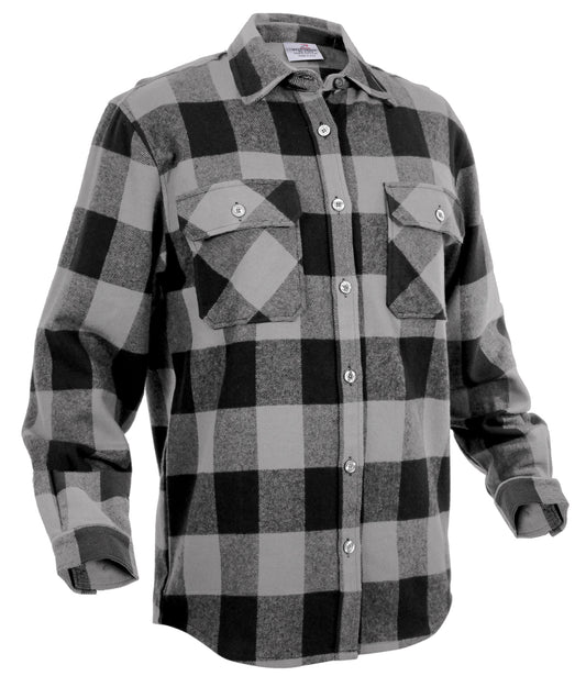 Mens Grey & Black Buffalo Plaid Flannel Shirt 100% Cotton Extra Heavyweight Top