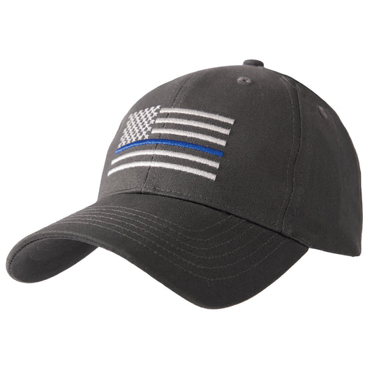 Grey Baseball Hat With Thin Blue Line US Flag Adjustable Hook & Loop Ball Cap