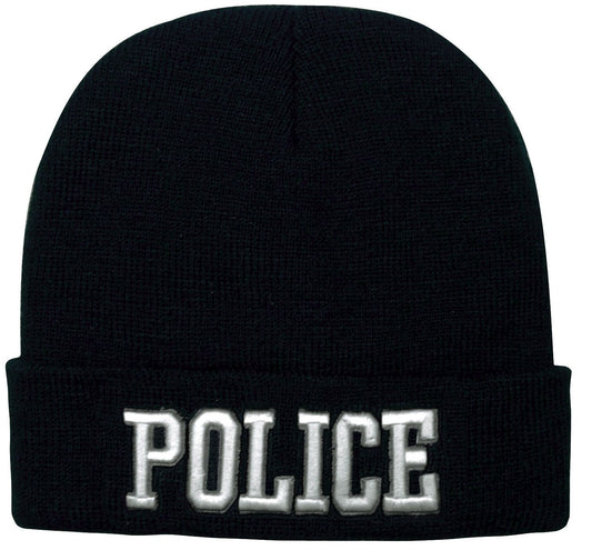 Black POLICE Watch Cap Ski Hat - Deluxe 3D Raised White Embroidered Winter Hat