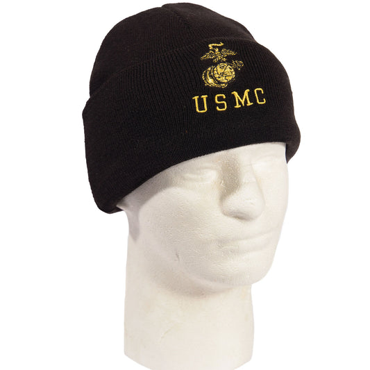 Black Winter Watch Cap With Embroidered USMC Insignia & Logo Marine Beanie Hat