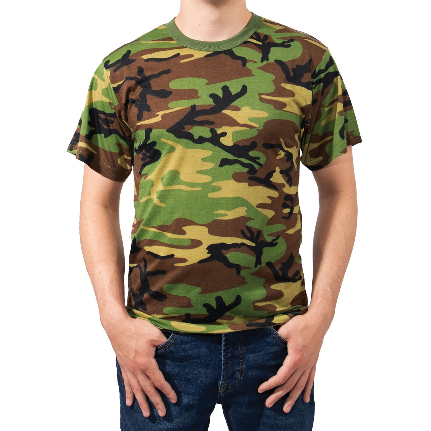 Men's Woodland Camo Moisture Wicking T-Shirt 100% Polyester Camo Performance Tee