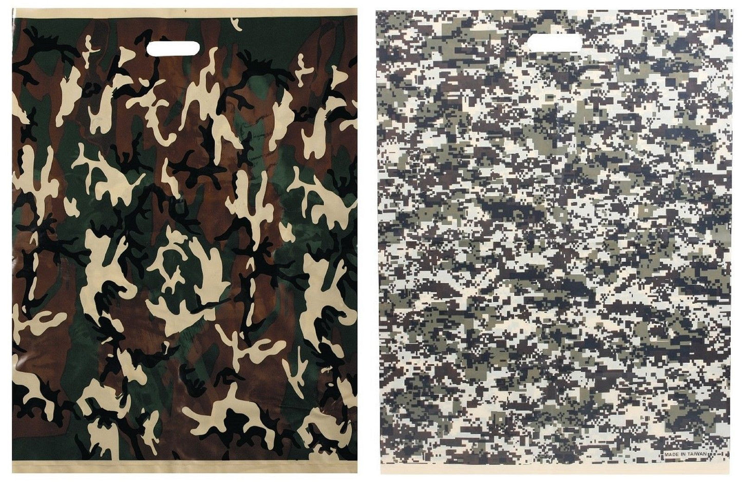 Plastic Camouflage Deluxe Carry Party Bags - Lot of 50 ACU or Woodland Camo Bags