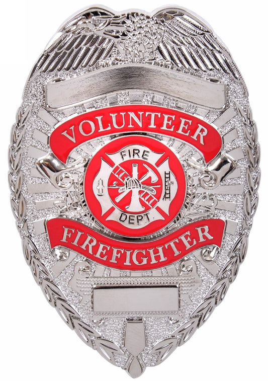 Deluxe Volunteer Firefighter Badge Silver & Red Fire Department Pin Back Badges