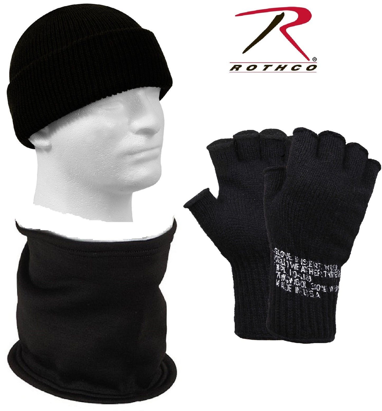 Black Winter Hat, Neck Warmer & Gloves 3 PACK Rothco Lot of 3 Cold Weather Pack