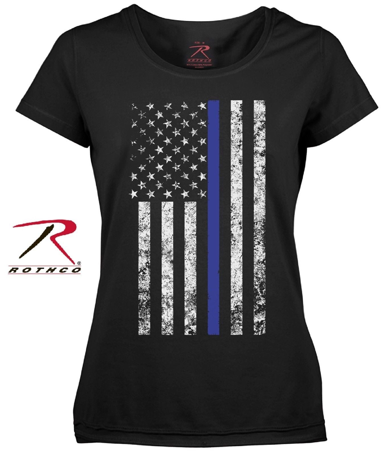 Womens Thin Blue Line Fatigued American Flag Tee Shirt - Black TBL Girls T-Shirt