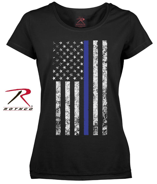 Womens Thin Blue Line Fatigued American Flag Tee Shirt - Black TBL Girls T-Shirt
