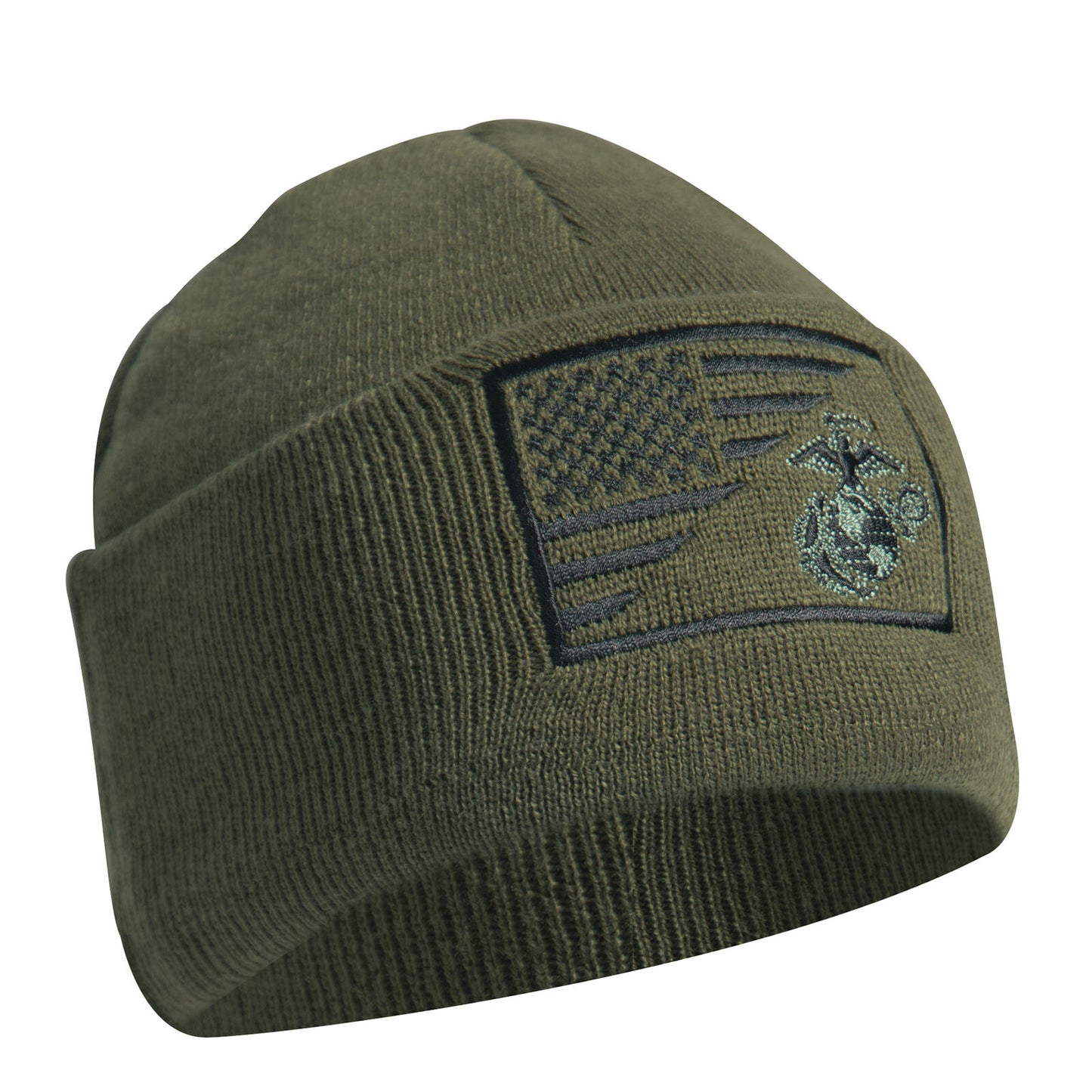 Olive Drab USMC Insignia & Logo / US Flag Deluxe Fine Knit Winter Watch Cap