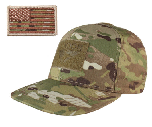 MultiCam Camouflage Flat Bill Brim Baseball Cap Hat & Attachable USA Flag Patch
