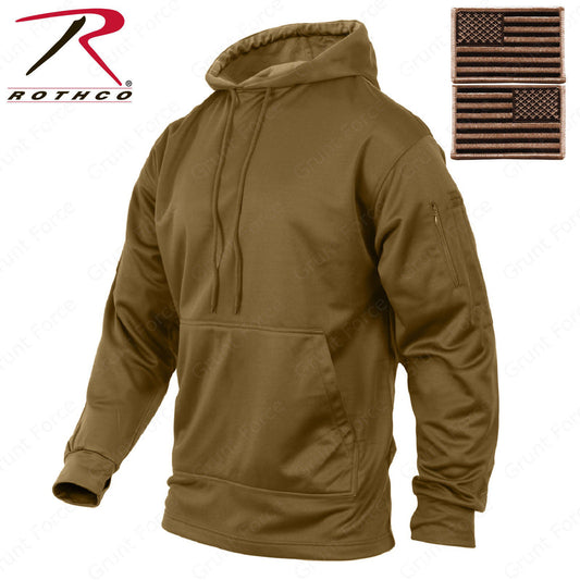 Mens Coyote Brown Concealed Carry Tactical Hooded Hoodie Sweatshirt & USA Patch