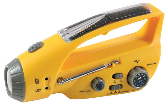 Yellow Solar & Wind-Up Crank Power Flashlight & AM/FM Outdoor Survival Radio