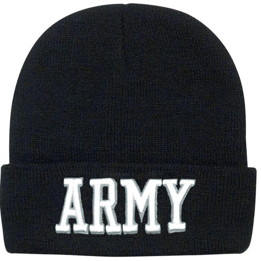 Black ARMY Watch Cap Ski Hat - Raised White Embroidery GI Style Winter Hat