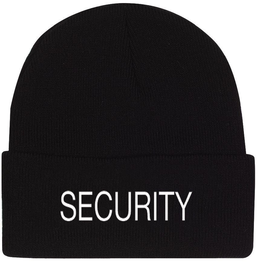 Black SECURITY Watch Cap Ski Hat - White Embroidered Winter Hat 100% Acrylic