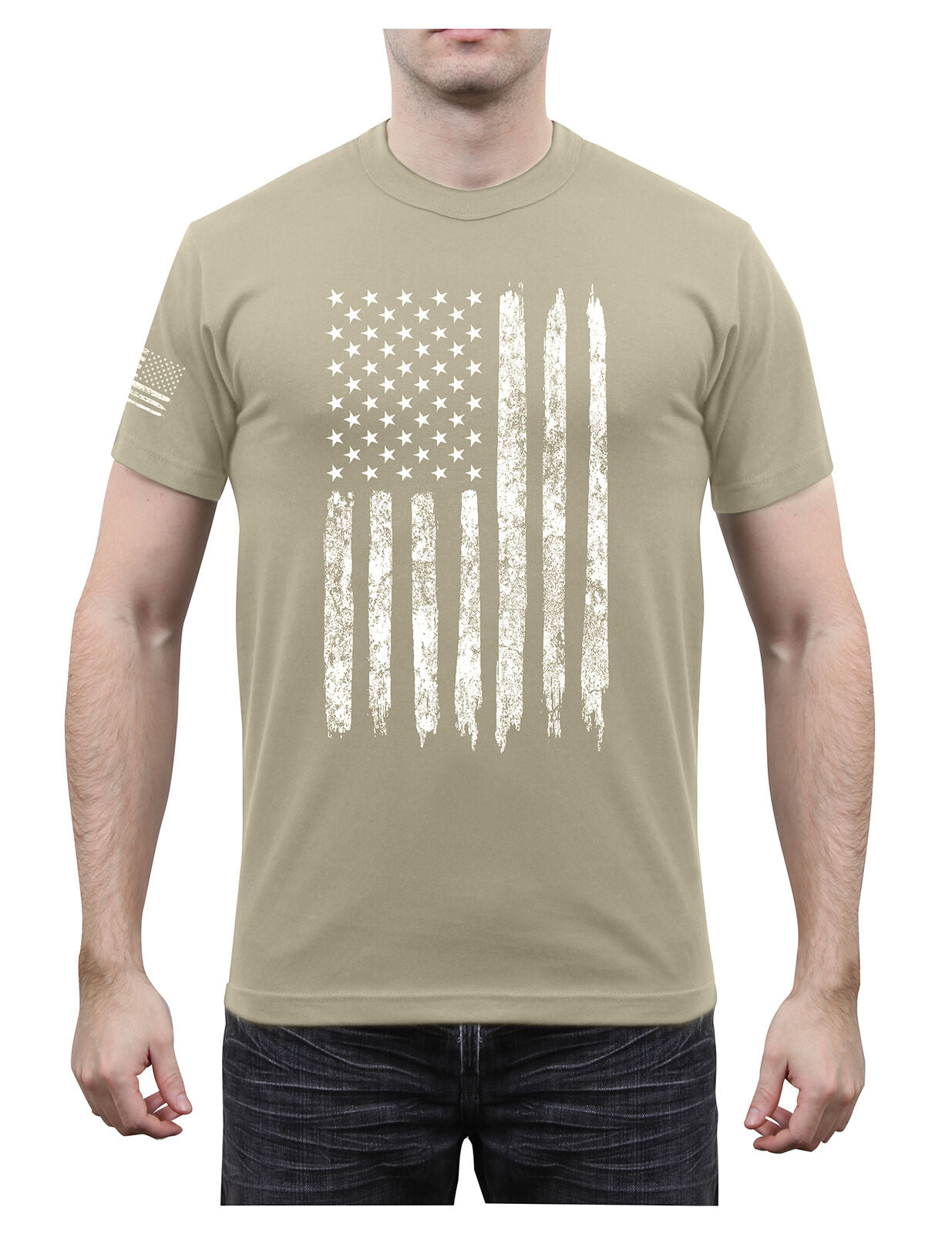 Men's Athletic Fit Distressed US Flag T-Shirt in Desert Sand