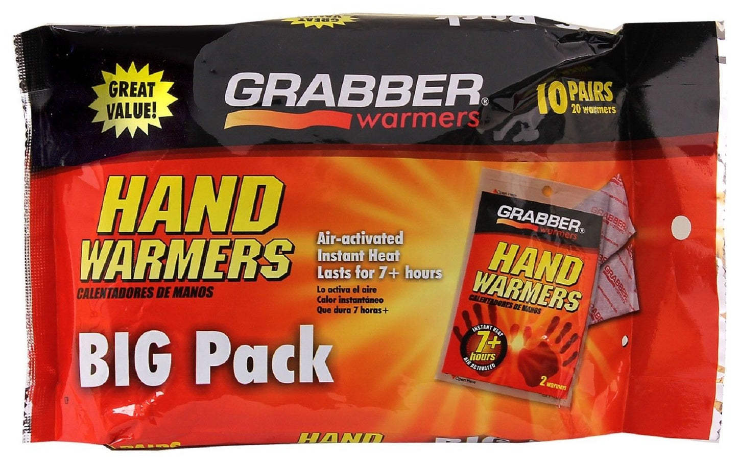 10-Pack Grabber Hand Warmers - 7+ Hour Lasting Air Activated Handwarmers