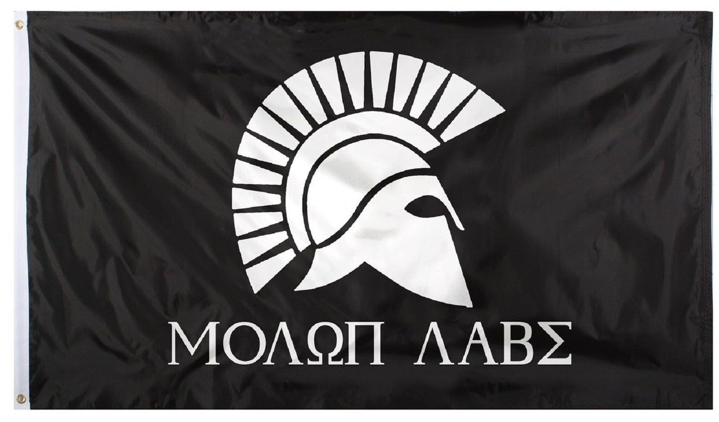 Black and White Spartan Warrior Helmet 'Molon Labe' Flag - 3' x 5'