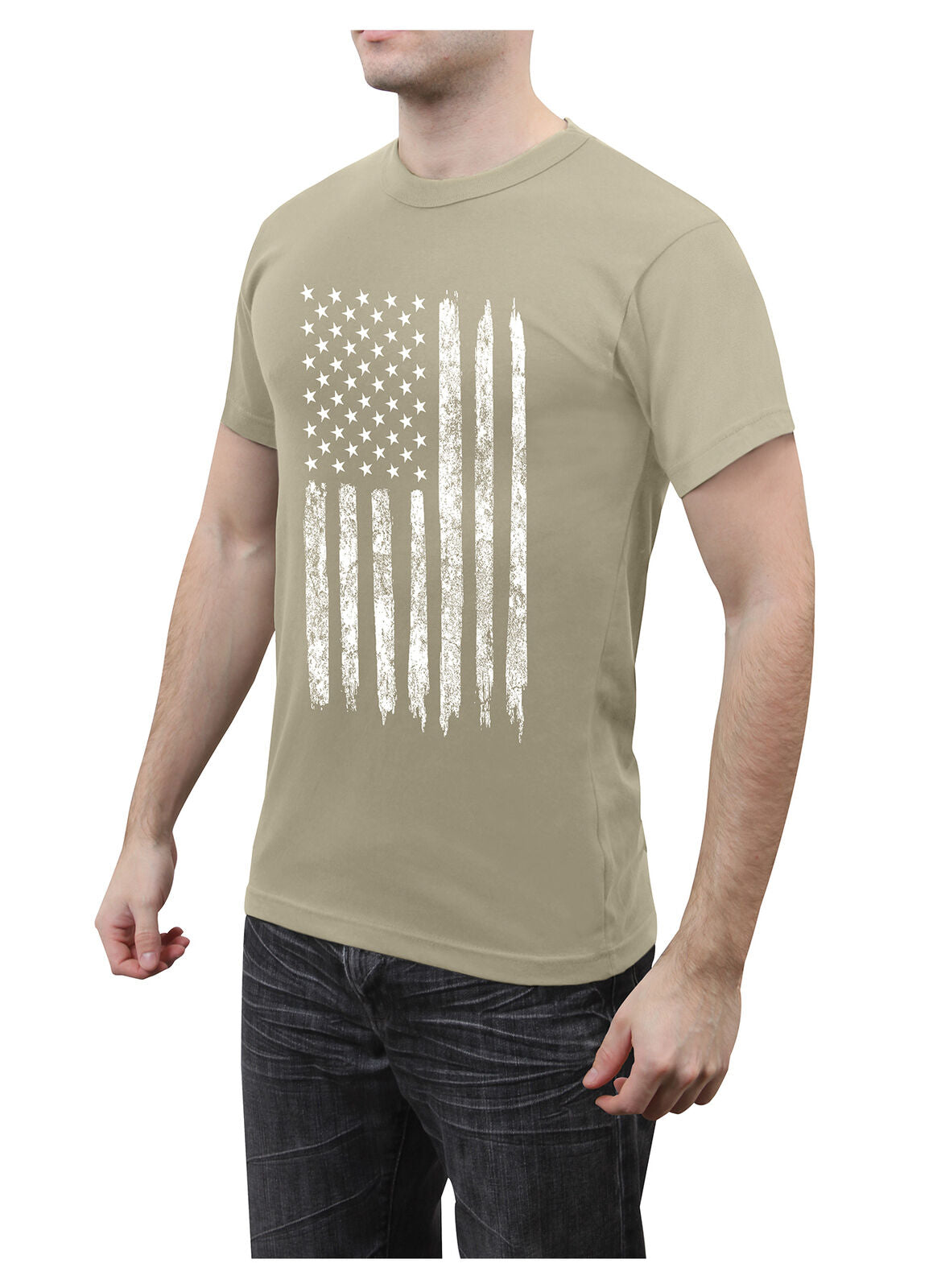 Men's Athletic Fit Distressed US Flag T-Shirt in Desert Sand