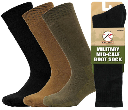 Rothco Mid-Calf Boot Sock in Black, Coyote Brown or Olive Drab