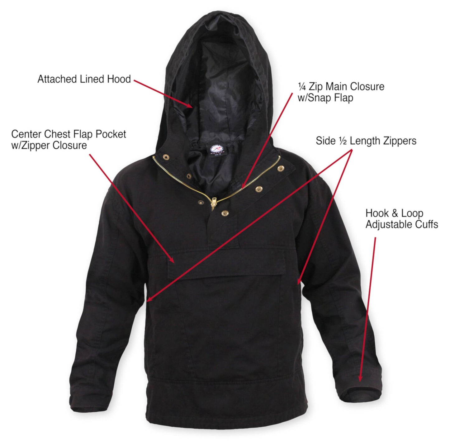 Men's Black Camo Quarter Zip Anorak Parka - Tactical Pullover Jacket With Hood