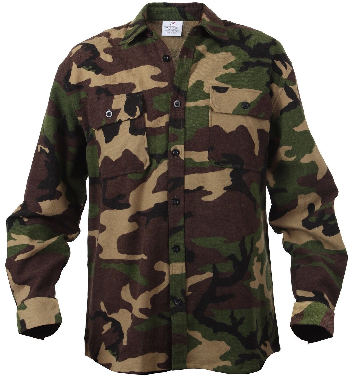 Woodland Camouflage 100% Cotton Button-Down Long Sleeve Flannel Shirt