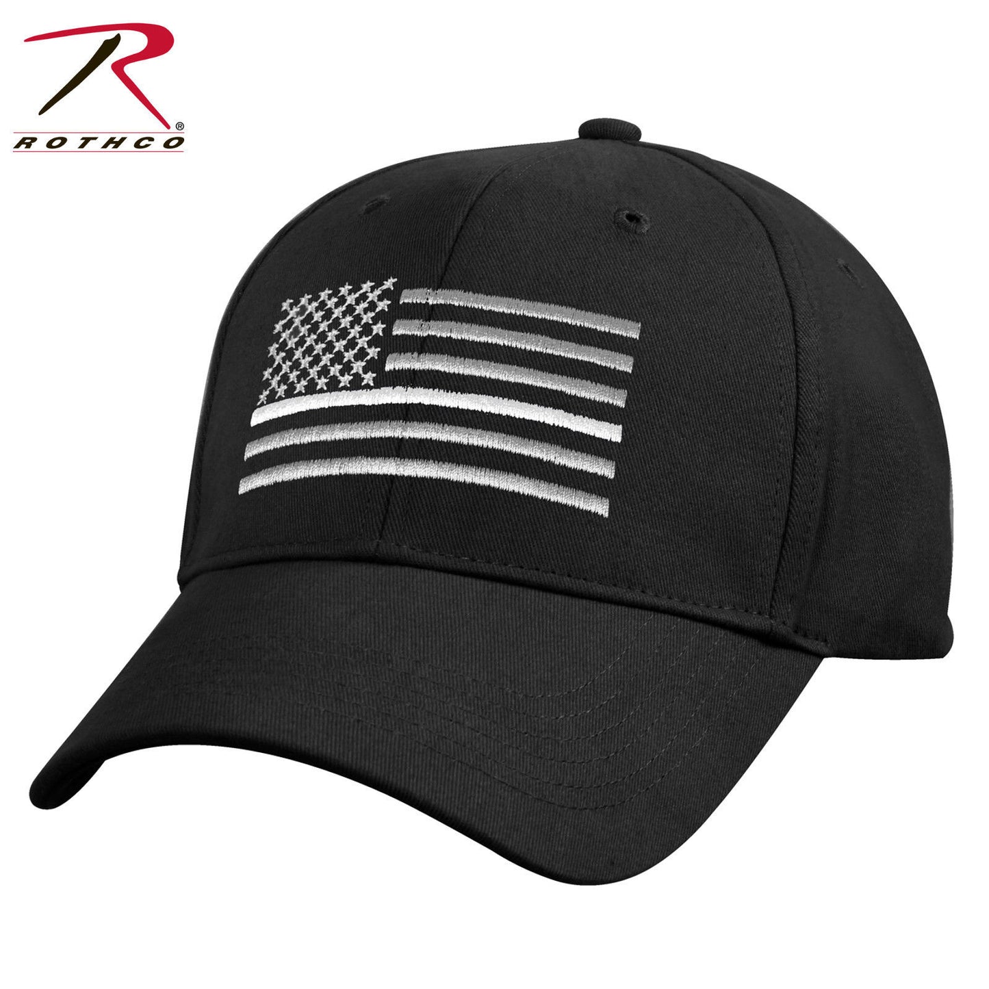 Black Mid To Low Profile Hat - Embroidered Thin White Line US Flag Cap Rothco
